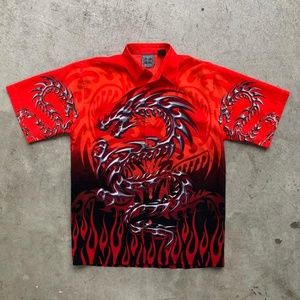 AUTHENTIC SHAOLIN RED CHROME DRAGON BUTTON-DOWN BLOUSE SIZE LARGE (14-16)